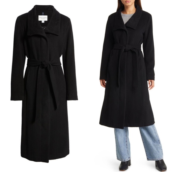 Cole Haan Signature Slick Belted Long Coat Black Wool Blend Size 8 NWT - Picture 1 of 15